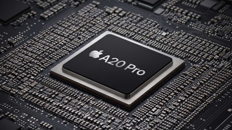Chipset Apple A20 Pro terpasang di atas papan sirkuit motherboard.
