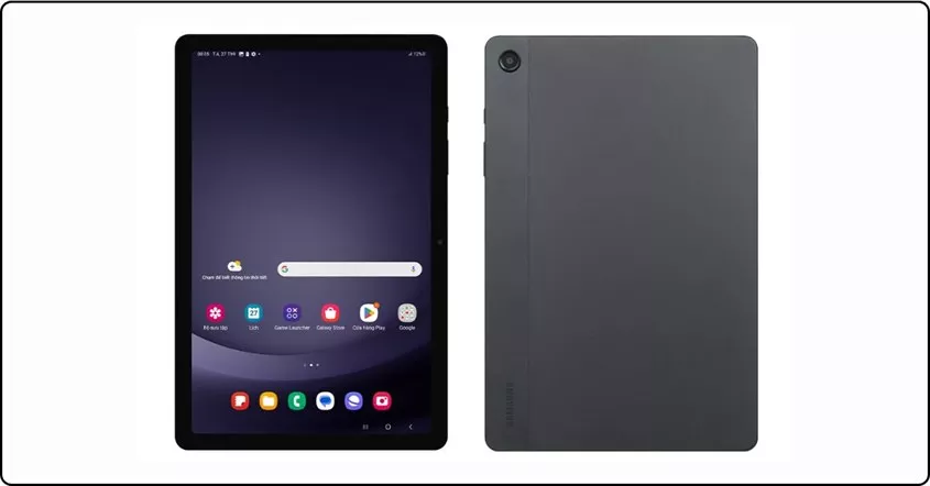 Tampilan depan dan belakang tablet Samsung Galaxy Tab A7 Lite warna abu-abu gelap.