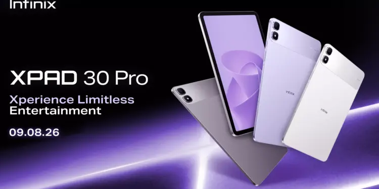 Poster promosi Infinix XPAD 30 Pro yang menampilkan varian warna dan tanggal peluncuran 8 September 2026.