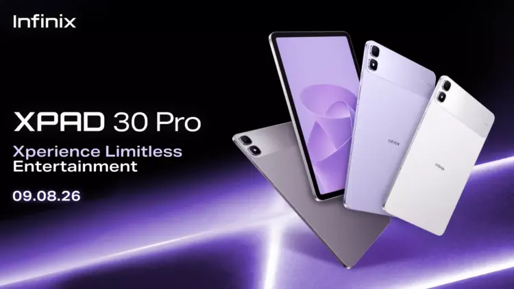 Poster promosi Infinix XPAD 30 Pro yang menampilkan varian warna dan tanggal peluncuran 8 September 2026.