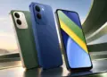 Render promosi POCO C95 Pro dengan tampilan sudut 3D warna hijau dan biru