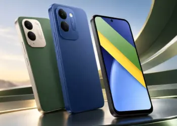 Render promosi POCO C95 Pro dengan tampilan sudut 3D warna hijau dan biru