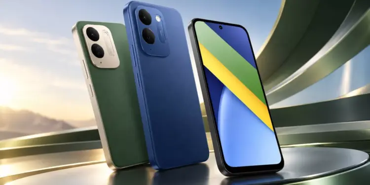 Render promosi POCO C95 Pro dengan tampilan sudut 3D warna hijau dan biru
