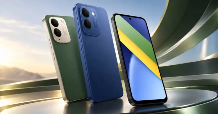 Render promosi POCO C95 Pro dengan tampilan sudut 3D warna hijau dan biru
