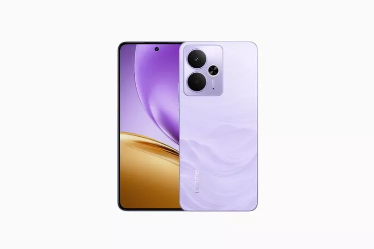 Tampilan layar depan dan bodi belakang HP reseller realme warna ungu pastel