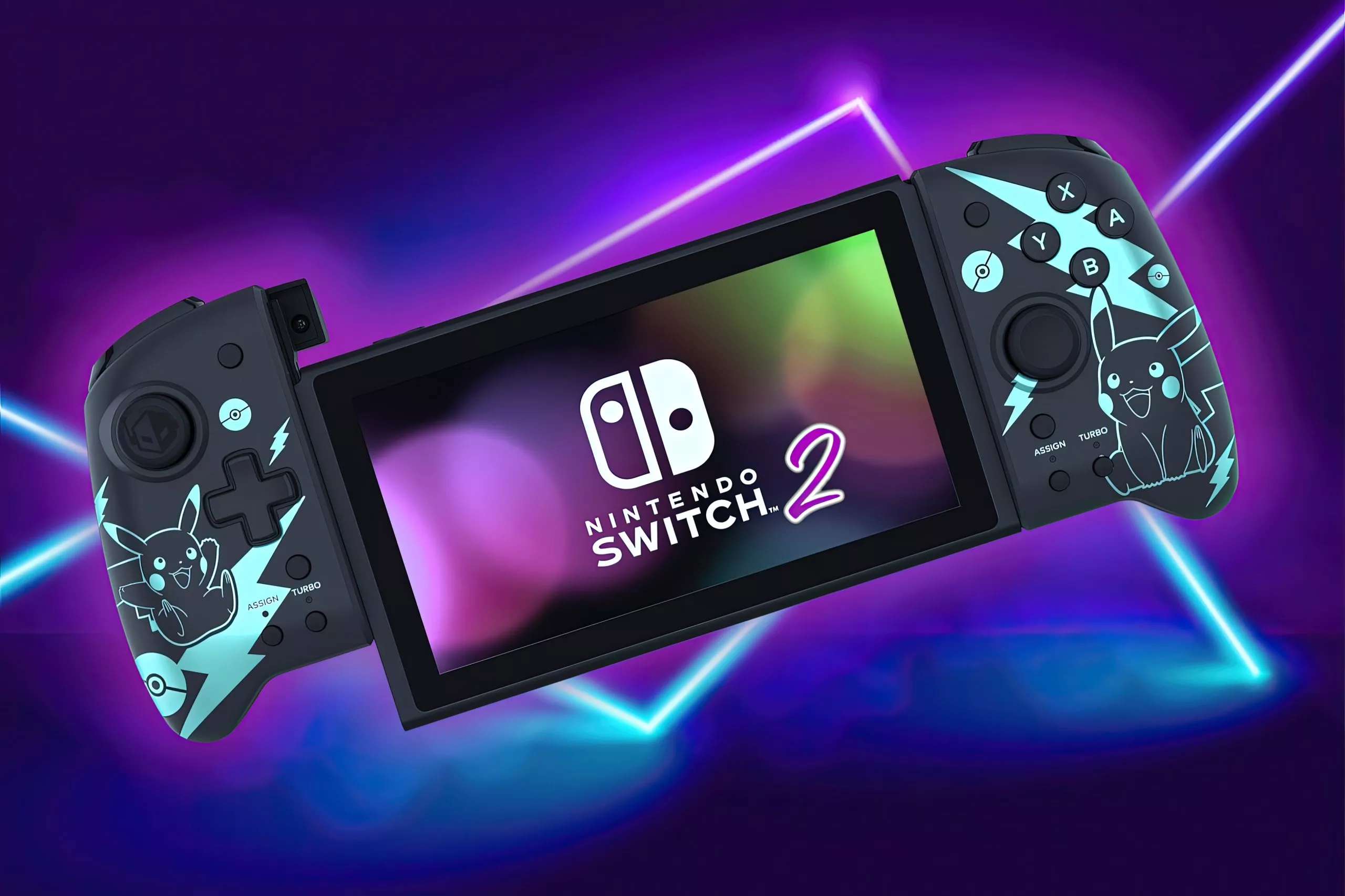 Nintendo Switch 2 edisi khusus Pokemon Pikachu dengan latar belakang neon biru dan ungu.
