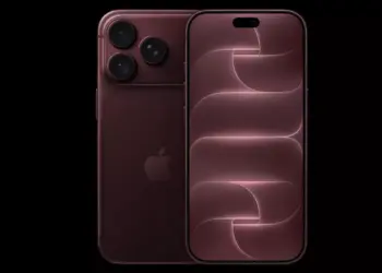 Tampilan depan dan belakang HP Flagship iPhone 16 Pro warna Deep Red dengan wallpaper estetis.