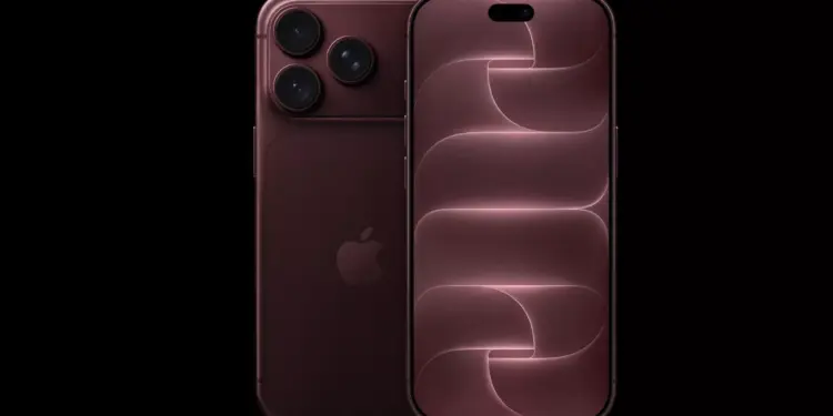 Tampilan depan dan belakang HP Flagship iPhone 16 Pro warna Deep Red dengan wallpaper estetis.