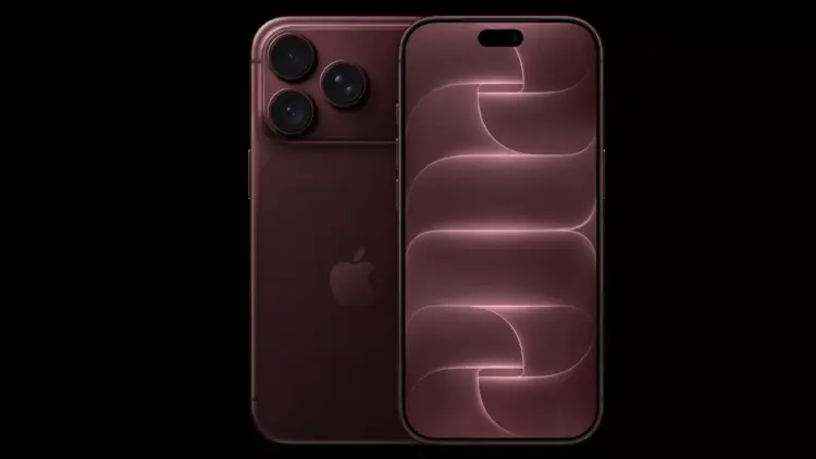 Tampilan depan dan belakang HP Flagship iPhone 16 Pro warna Deep Red dengan wallpaper estetis.