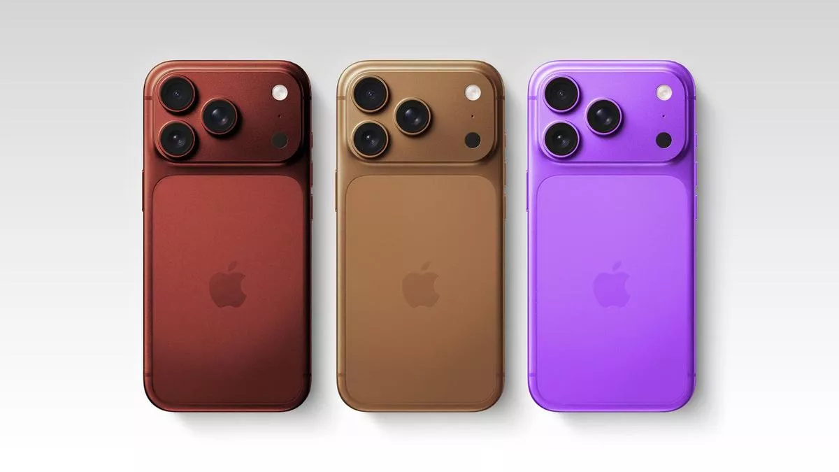 Tiga varian warna iPhone 18 Pro Max yaitu merah marun, emas kecokelatan, dan ungu cerah.