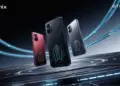 Tiga pilihan warna HP gaming Infinix GT Series dengan bodi belakang bergaya mecha futuristic.