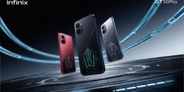 Tiga pilihan warna HP gaming Infinix GT Series dengan bodi belakang bergaya mecha futuristic.