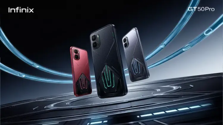 Tiga pilihan warna HP gaming Infinix GT Series dengan bodi belakang bergaya mecha futuristic.