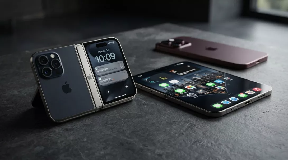 Dua unit iPhone Duo diletakkan di atas meja dalam posisi terlipat setengah dan terbuka penuh.