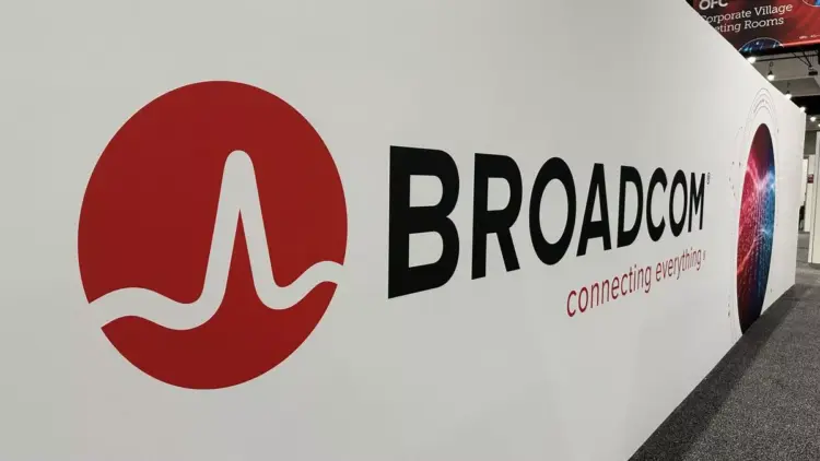 Logo Broadcom, raksasa semikonduktor yang mencatatkan lonjakan pendapatan fantastis dari sektor kecerdasan buatan.