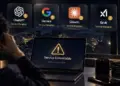 Seseorang pusing melihat layar laptop "Service Unavailable" dan indikator gangguan layanan ChatGPT, Gemini, Claude, serta Grok.