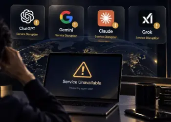 Seseorang pusing melihat layar laptop "Service Unavailable" dan indikator gangguan layanan ChatGPT, Gemini, Claude, serta Grok.