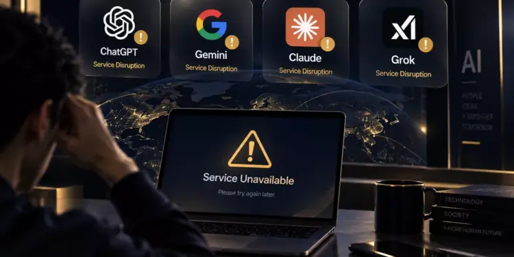Seseorang pusing melihat layar laptop "Service Unavailable" dan indikator gangguan layanan ChatGPT, Gemini, Claude, serta Grok.