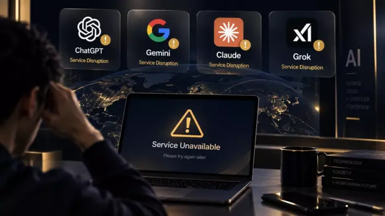 Seseorang pusing melihat layar laptop "Service Unavailable" dan indikator gangguan layanan ChatGPT, Gemini, Claude, serta Grok.