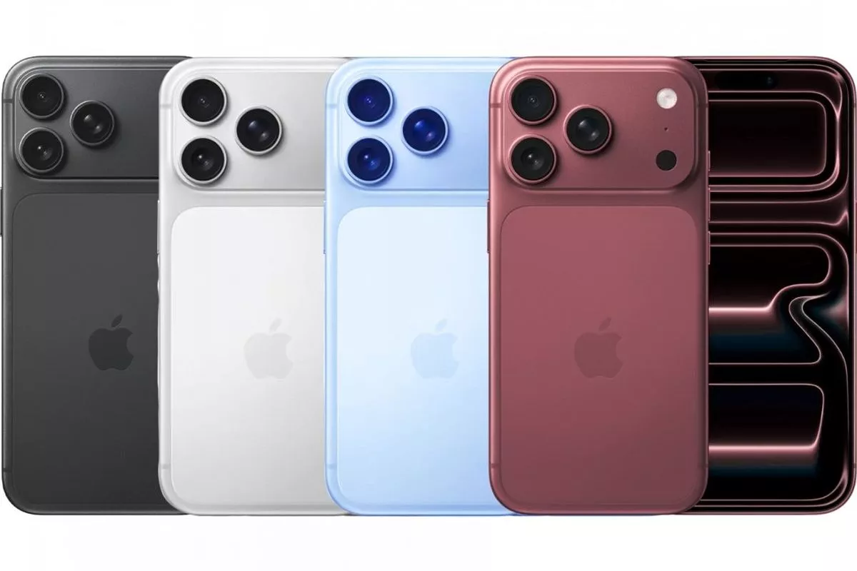 Konsep desain iPhone lipat dalam empat varian warna (hitam, putih, biru langit, merah tua) menunjukkan mekanisme engsel samping, spekulasi untuk debut di Apple Event.