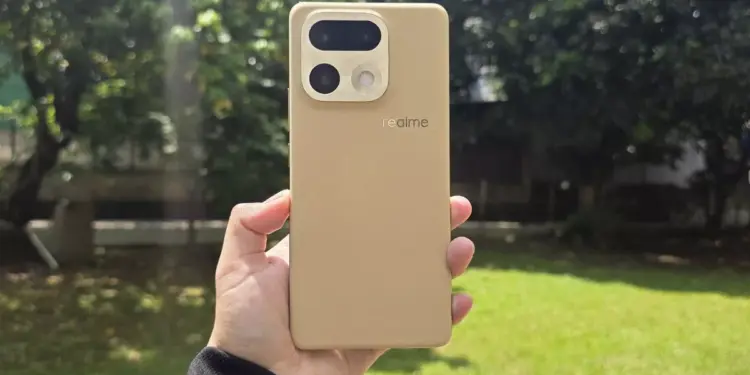 Bodi belakang HP kamera 200 MP realme warna krem bertekstur kulit dipegang tangan di luar ruangan