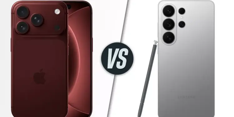 Komparasi desain belakang iPhone 18 Pro Max warna merah marun dan Samsung Galaxy S26 Ultra warna perak lengkap dengan S Pen.
