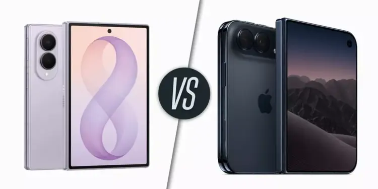 Komparasi smartphone lipat iPhone Duo warna hitam dan Samsung Galaxy Z Fold8 warna ungu lavender dengan logo VS di tengah.