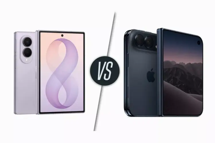 Komparasi smartphone lipat iPhone Duo warna hitam dan Samsung Galaxy Z Fold8 warna ungu lavender dengan logo VS di tengah.