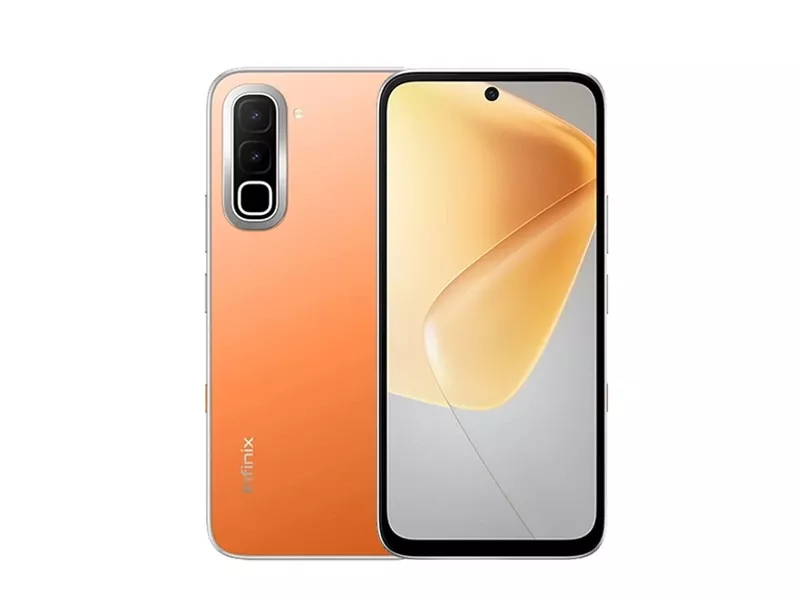 Tampak depan dan belakang HP Infinix warna oranye pilihan HP RAM 6 GB murah 2 jutaan.