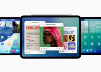 Ilustrasi jajaran layar iPad Gen 12 yang menjalankan iPadOS dengan fitur multitasking dan Apple Pencil di atasnya.