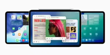 Ilustrasi jajaran layar iPad Gen 12 yang menjalankan iPadOS dengan fitur multitasking dan Apple Pencil di atasnya.