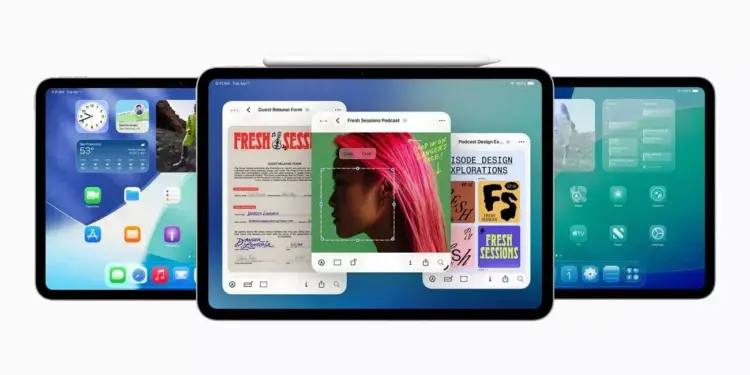 Ilustrasi jajaran layar iPad Gen 12 yang menjalankan iPadOS dengan fitur multitasking dan Apple Pencil di atasnya.