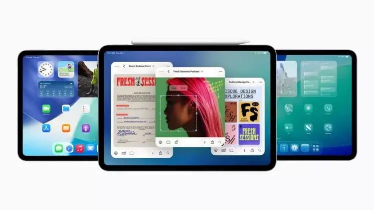 Ilustrasi jajaran layar iPad Gen 12 yang menjalankan iPadOS dengan fitur multitasking dan Apple Pencil di atasnya.