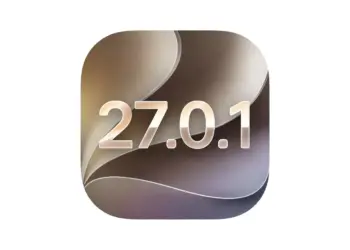 Logo dan angka versi pembaruan iOS 27.0.1 dari Apple dengan latar belakang bertekstur.