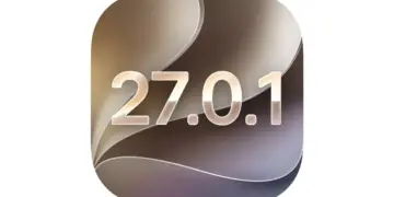 Logo dan angka versi pembaruan iOS 27.0.1 dari Apple dengan latar belakang bertekstur.