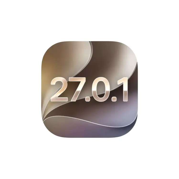 Logo dan angka versi pembaruan iOS 27.0.1 dari Apple dengan latar belakang bertekstur.