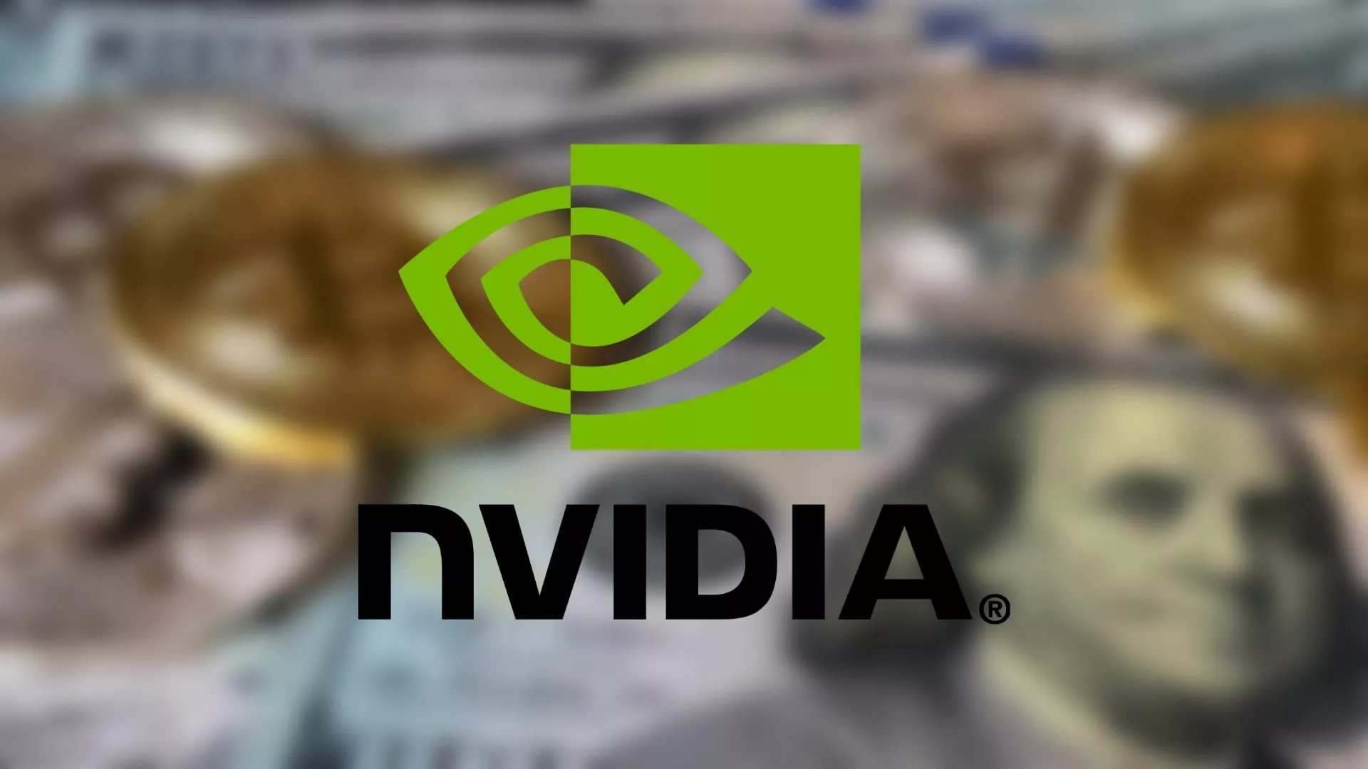Logo Nvidia berwarna hijau dan hitam dengan latar belakang samar mata uang Dolar dan koin kripto.