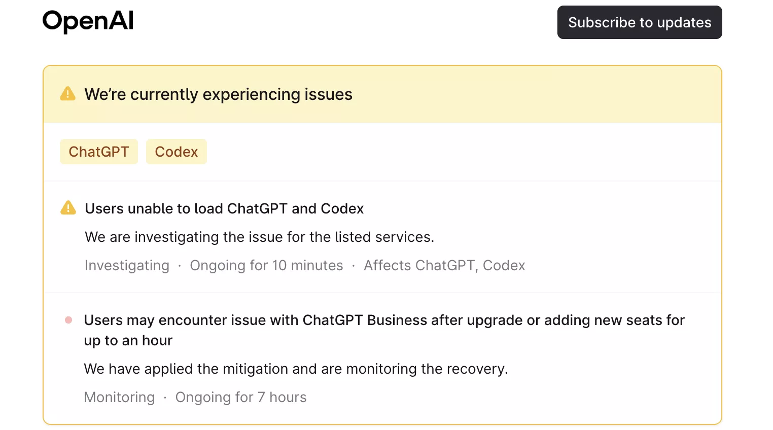 Halaman resmi status OpenAI yang menunjukkan informasi gangguan pada layanan ChatGPT dan Codex.