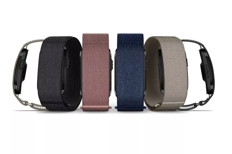 Barisan produk Garmin CIRQA yang menampilkan berbagai warna tali jam rajutan yang dapat diganti.
