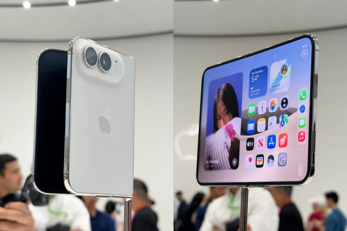 Perbandingan tampilan belakang dan depan layar lebar sebuah ponsel lipat konsep yang sering disandingkan dengan inovasi Galaxy Z Fold 8.