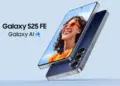 Tampilan layar depan jernih dan bodi belakang Samsung Galaxy S26 FE dengan tiga kamera.