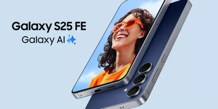 Tampilan layar depan jernih dan bodi belakang Samsung Galaxy S26 FE dengan tiga kamera.