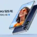 Tampilan layar depan jernih dan bodi belakang Samsung Galaxy S26 FE dengan tiga kamera.