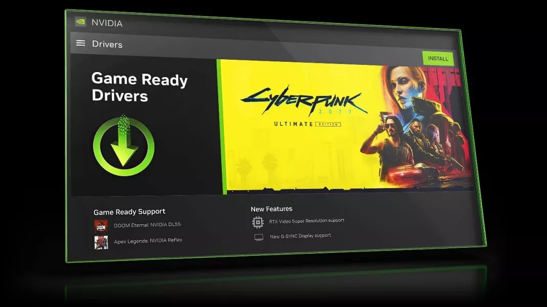 Antarmuka software Nvidia Drivers menampilkan menu Game Ready Drivers untuk game Cyberpunk 2077.