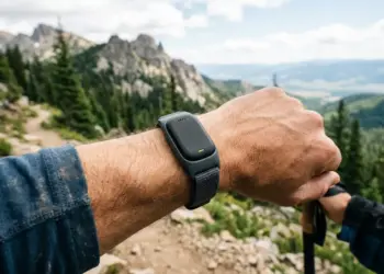 Seorang pendaki pria mengenakan Garmin CIRQA di pergelangan tangannya saat berjalan di jalur pegunungan yang berbatu.