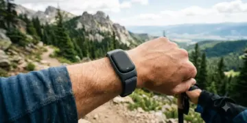 Seorang pendaki pria mengenakan Garmin CIRQA di pergelangan tangannya saat berjalan di jalur pegunungan yang berbatu.