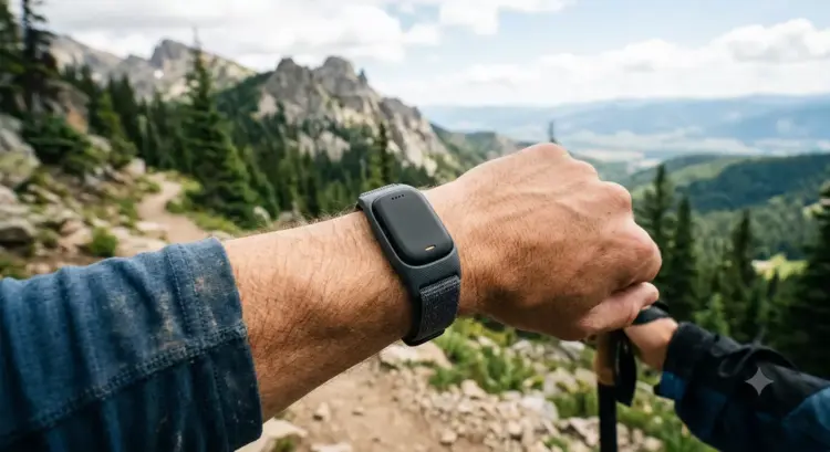 Seorang pendaki pria mengenakan Garmin CIRQA di pergelangan tangannya saat berjalan di jalur pegunungan yang berbatu.