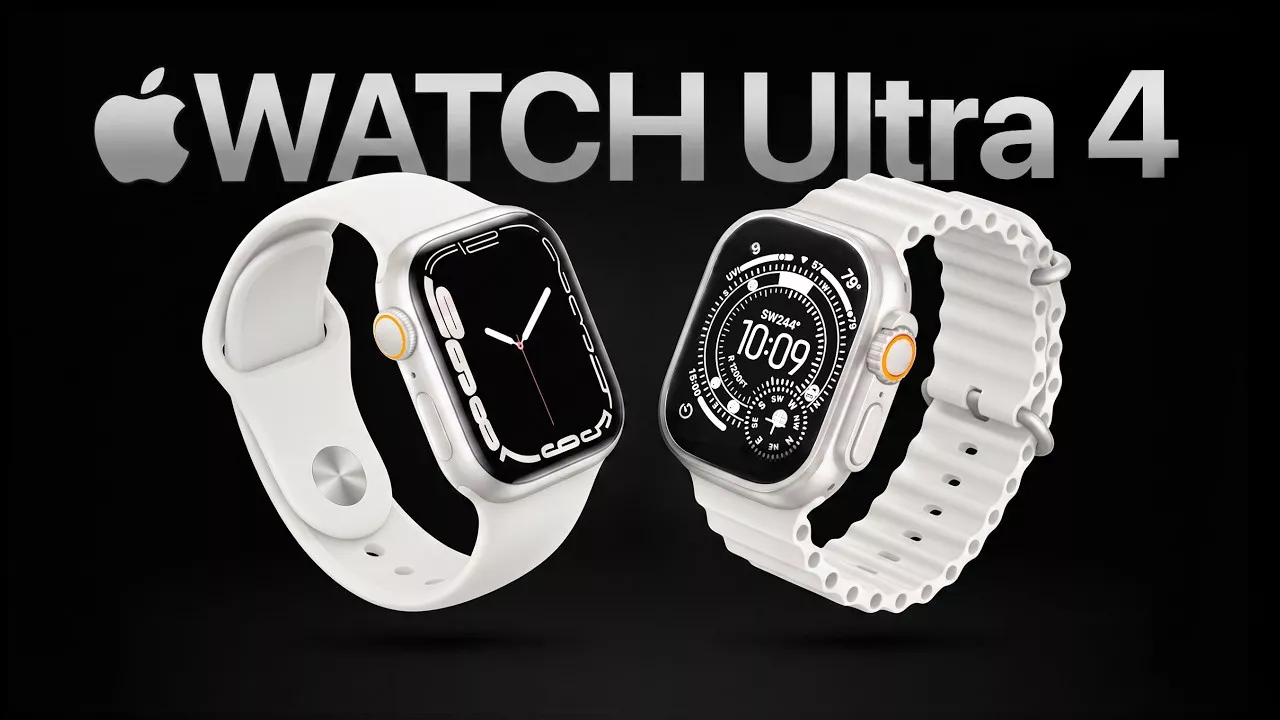 Dua model Apple Watch Ultra 4 dengan strap putih (silikon dan bergelombang) ditampilkan dengan logo Apple Watch Ultra 4 di latar belakang hitam, produk lain yang ditunggu di Apple Event.