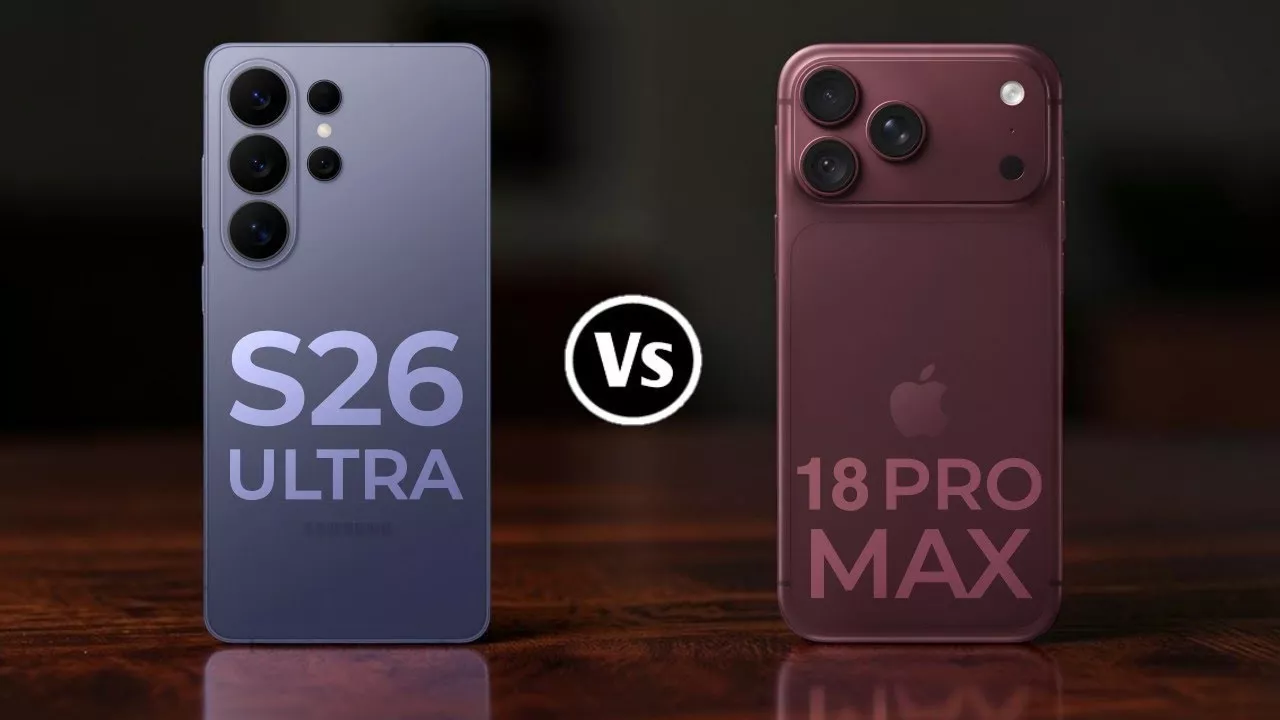 Tampak belakang iPhone 18 Pro Max dan Samsung Galaxy S26 Ultra berdiri di atas meja kayu.