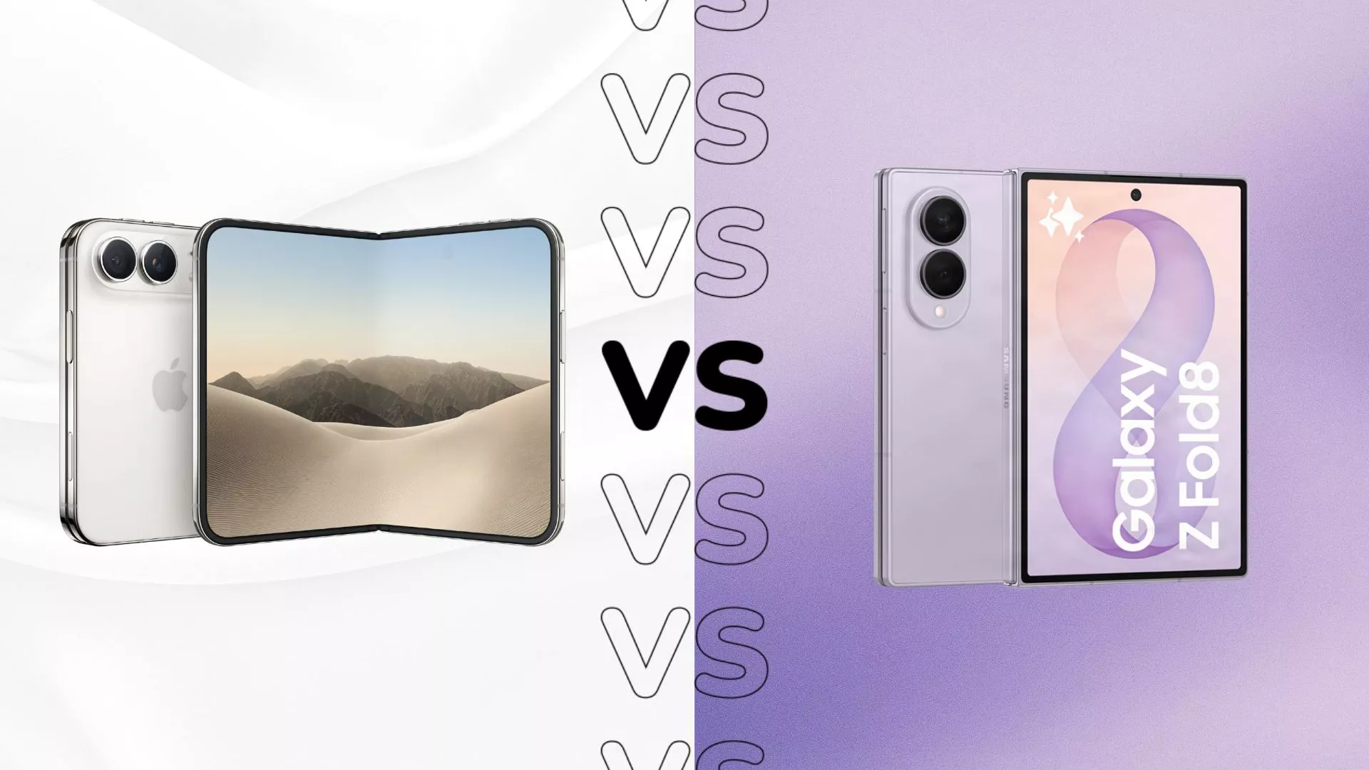 Graphic banner komparasi iPhone Duo warna putih perak dan Galaxy Z Fold8 dengan tulisan VS berderet.